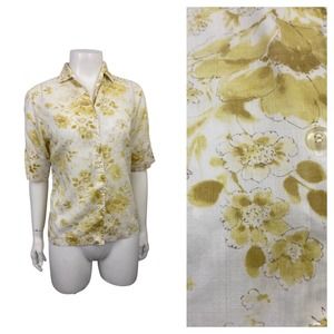 1960s Floral Rayon Loop Collar Button Up Shirt Top / Women’s Small